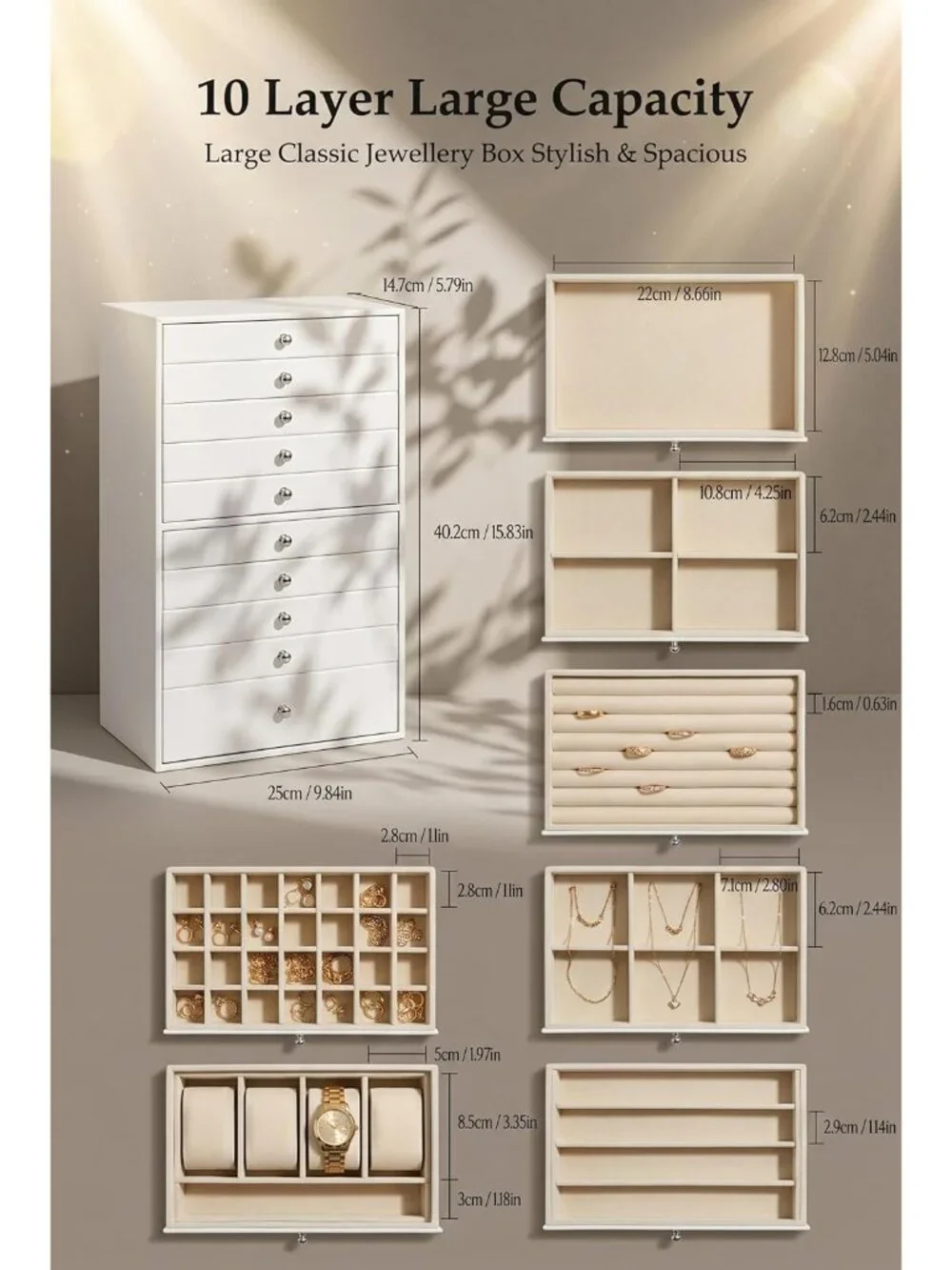 Elegant 10-Drawer Jewelry Organizer with Dustproof Faux Leather Finish